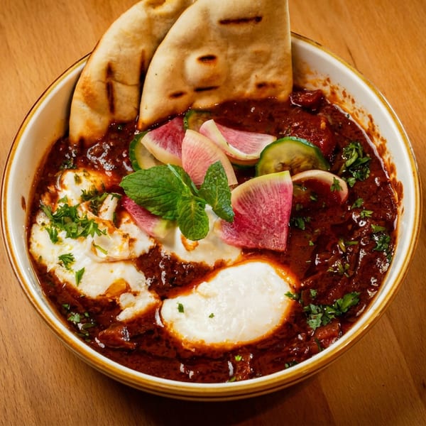 A rich red stew topped with yogurt, flatbread, radishes, cucumber, and fresh herbs on a wooden table.